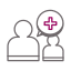 Two outlined figures, one larger and one smaller, with a speech bubble above them containing a magenta medical cross symbol, representing a conversation with a veterinarian.