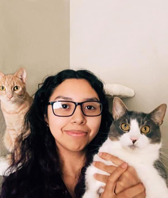 A woman with long dark hair and glasses, likely a veterinarian, smiles at the camera while holding a gray and white cat; an orange tabby cat relaxes on a cat tree in the background.