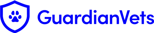 Logo for GuardianVets featuring a blue shield with a paw print inside, symbolizing trusted veterinarian care, followed by the text "GuardianVets" in blue letters.