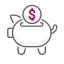 A simple illustration of a piggy bank with a coin being inserted into its slot on top. The piggy bank, resembling a veterinarian's mascot, has a rounded body, small legs, tail, and the coin is partially colored magenta.