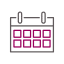 Simple icon of a calendar with a purple square in the center, black outline, and two rings at the top representing the binding—ideal for marking vet or veterinarian appointments.