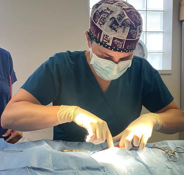 A veterinarian wearing scrubs, a cap, mask, and gloves performs a procedure at an operating table, focusing intently while using surgical instruments. Bright light illuminates the work area.