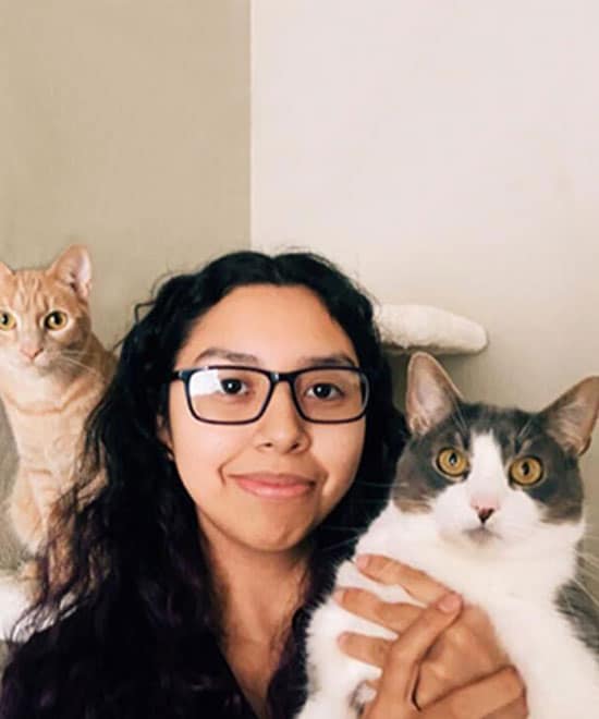 A woman with long dark hair and glasses, likely a veterinarian, smiles at the camera while holding a gray and white cat. An orange tabby sits behind her, both cats looking toward the camera.