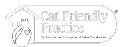 Logo with a house outline and a cat silhouette featuring a heart on its side. Text reads "Cat Friendly Practice by the American Association of Feline Practitioners," highlighting veterinarian-approved care.