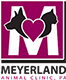 Logo for Meyerland Animal Clinic featuring a large letter "M" with silhouettes of a dog and cat facing a pink heart in the center, above the clinic’s name in bold text—a perfect emblem for your trusted veterinarian or vet clinic.