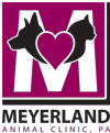 Logo for Meyerland Animal Clinic featuring a large magenta "M" with dog and cat silhouettes forming a heart, symbolizing compassionate veterinarian care. "MEYERLAND ANIMAL CLINIC, P.C." is written below to highlight trusted vet services.